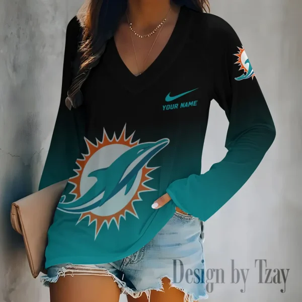 Miami Dolphins Women's Long sleeves T-shirt V-neck Trending 2025 BGVPS510