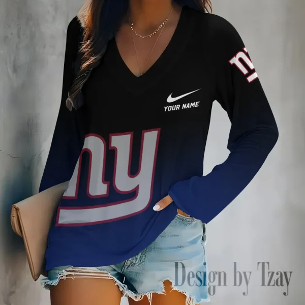 New York Giants Women's Long sleeves T-shirt V-neck Trending 2025 BGVPS514