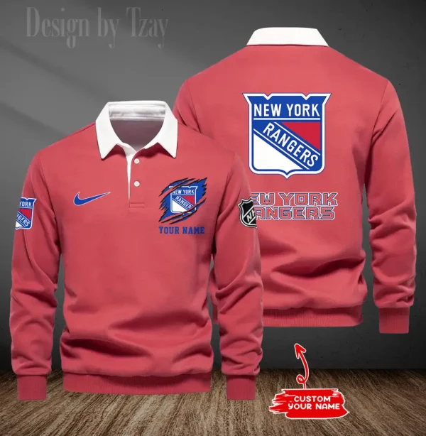 New York Rangers Long Sleeve Men's Golf Polo Shirt SPTLSMGPS081 - Image 2