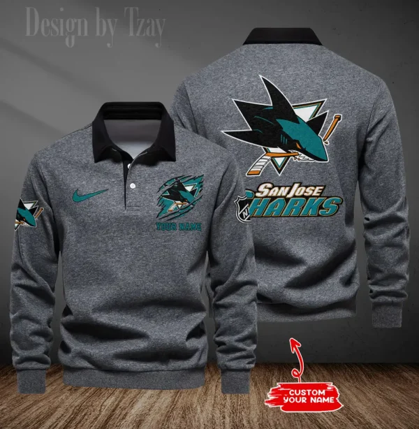 San Jose Sharks Long Sleeve Men's Golf Polo Shirt SPTLSMGPS085 - Image 5