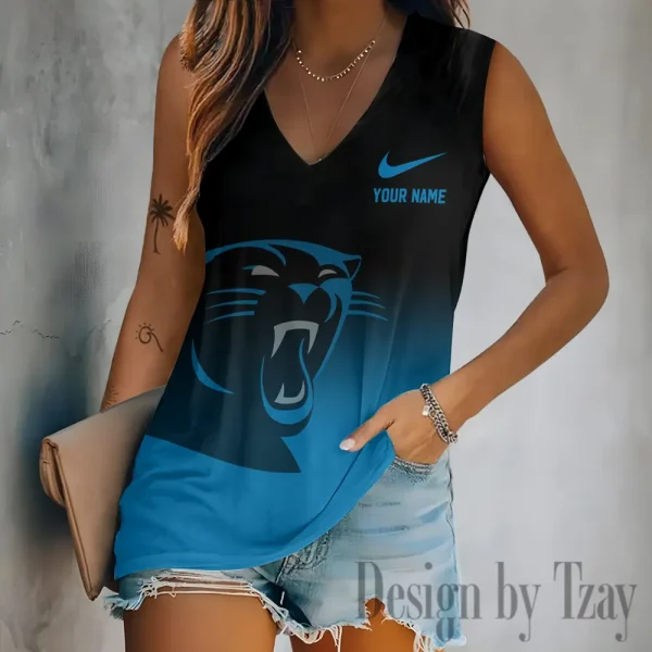 Carolina Panthers Women V-Neck Sleeveless Camisoles Off Shoulder Vest SPTVNECKWVTS682