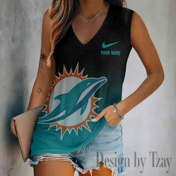 Miami Dolphins Women V-Neck Sleeveless Camisoles Off Shoulder Vest SPTVNECKWVTS697