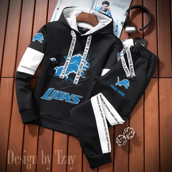 Detroit Lions New Fashion Casual Sportswear: Stylish Hooded Sweatshirt and Jogger Pants Set for Men SPTCSSW152 - Image 2