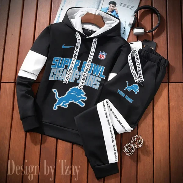 Detroit Lions New Fashion Casual Sportswear: Stylish Hooded Sweatshirt and Jogger Pants Set for Men SPTCSSW184