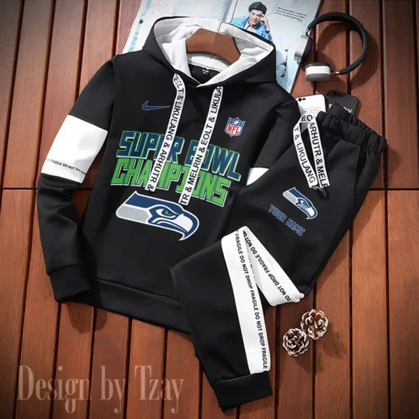 Seattle Seahawks New Fashion Casual Sportswear: Stylish Hooded Sweatshirt and Jogger Pants Set for Men SPTCSSW202