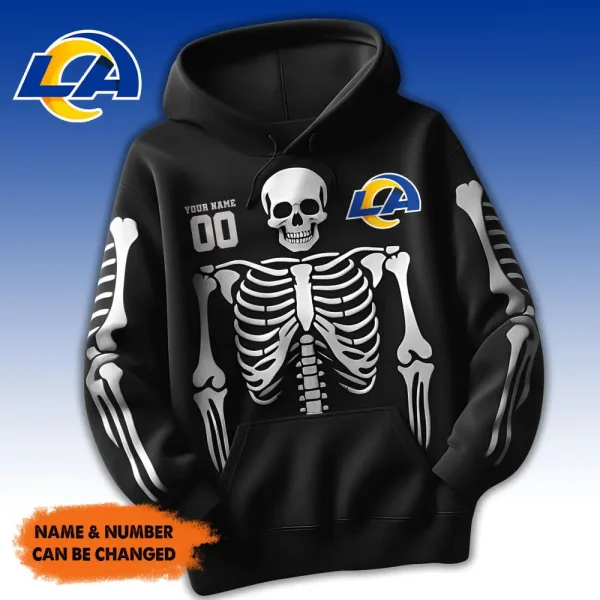 Los Angeles Rams American Football All Team Black Skeleton Hoodie Custom Name And Number Gifts AZHD1084 - Image 2
