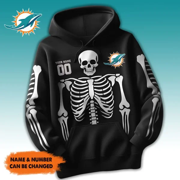 Miami Dolphins American Football All Team Black Skeleton Hoodie Custom Name And Number Gifts AZHD1085 - Image 2