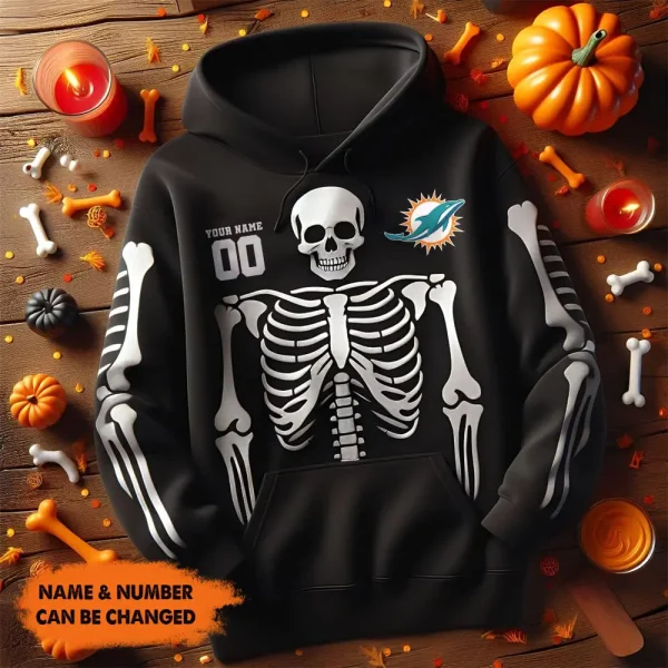 Miami Dolphins American Football All Team Black Skeleton Hoodie Custom Name And Number Gifts AZHD1085