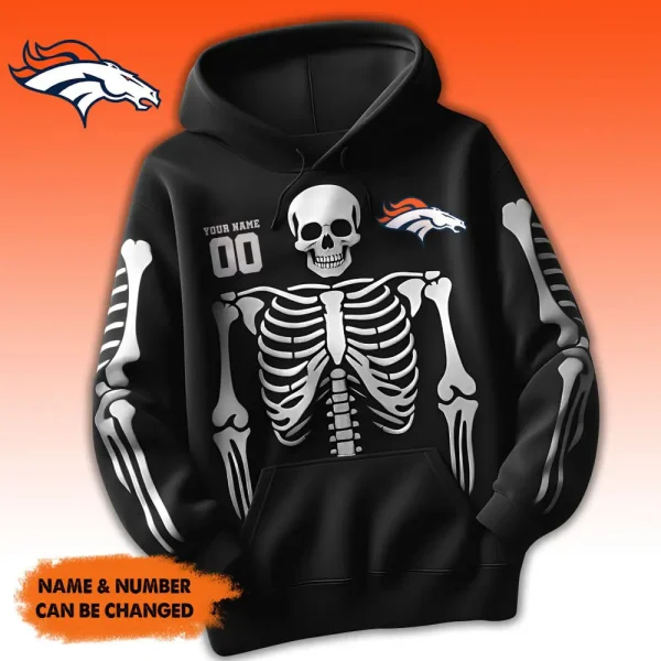 Denver Broncos American Football All Team Black Skeleton Hoodie Custom Name And Number Gifts AZHD1086 - Image 2