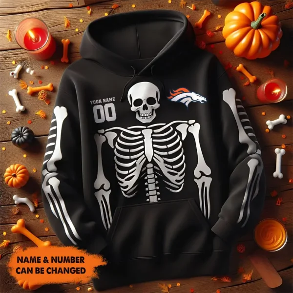 Denver Broncos American Football All Team Black Skeleton Hoodie Custom Name And Number Gifts AZHD1086