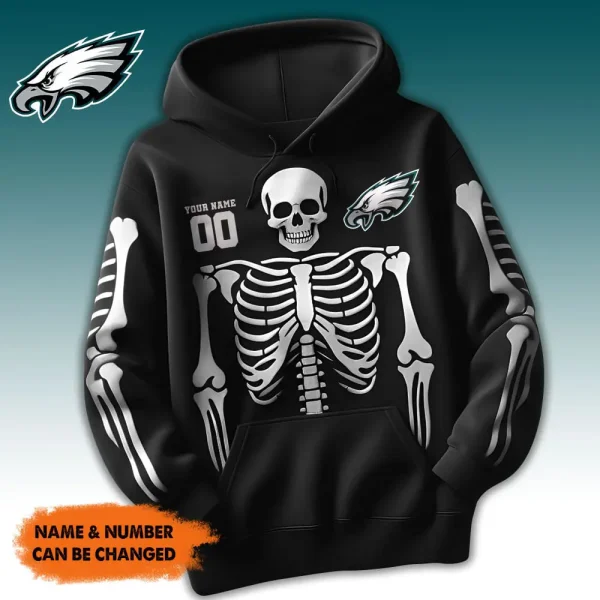 Philadelphia Eagles American Football All Team Black Skeleton Hoodie Custom Name And Number Gifts AZHD1088 - Image 2