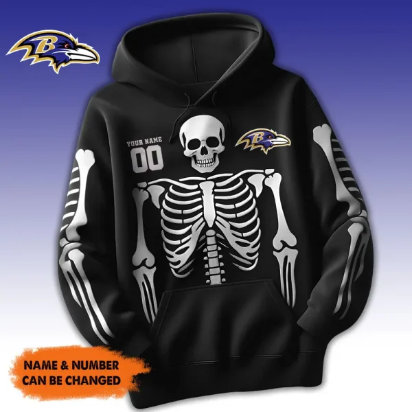 Baltimore Ravens American Football All Team Black Skeleton Hoodie Custom Name And Number Gifts AZHD1091 - Image 2
