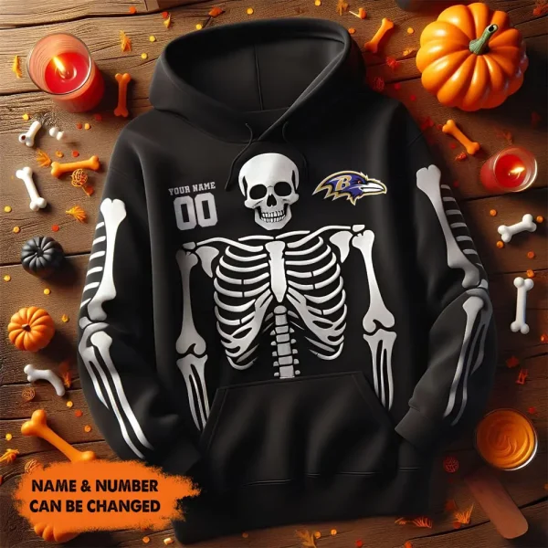 Baltimore Ravens American Football All Team Black Skeleton Hoodie Custom Name And Number Gifts AZHD1091