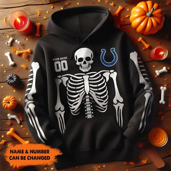 Indianapolis Colts American Football All Team Black Skeleton Hoodie Custom Name And Number Gifts AZHD1093