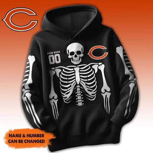 Chicago Bears American Football All Team Black Skeleton Hoodie Custom Name And Number Gifts AZHD1094 - Image 2