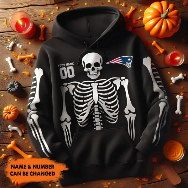 New England Patriots American Football All Team Black Skeleton Hoodie Custom Name And Number Gifts AZHD1097