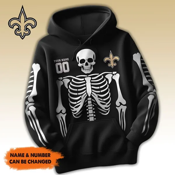 New Orleans Saints American Football All Team Black Skeleton Hoodie Custom Name And Number Gifts AZHD1099 - Image 2