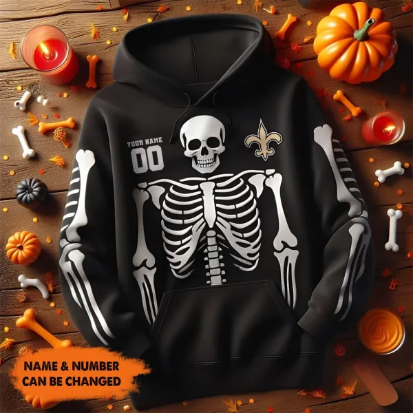 New Orleans Saints American Football All Team Black Skeleton Hoodie Custom Name And Number Gifts AZHD1099