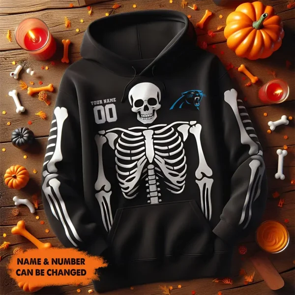 Carolina Panthers American Football All Team Black Skeleton Hoodie Custom Name And Number Gifts AZHD1100