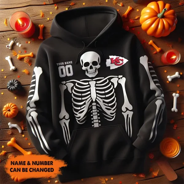 Kansas City Chiefs American Football All Team Black Skeleton Hoodie Custom Name And Number Gifts AZHD1101