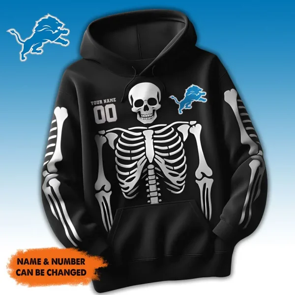 Detroit Lions American Football All Team Black Skeleton Hoodie Custom Name And Number Gifts AZHD1102 - Image 2