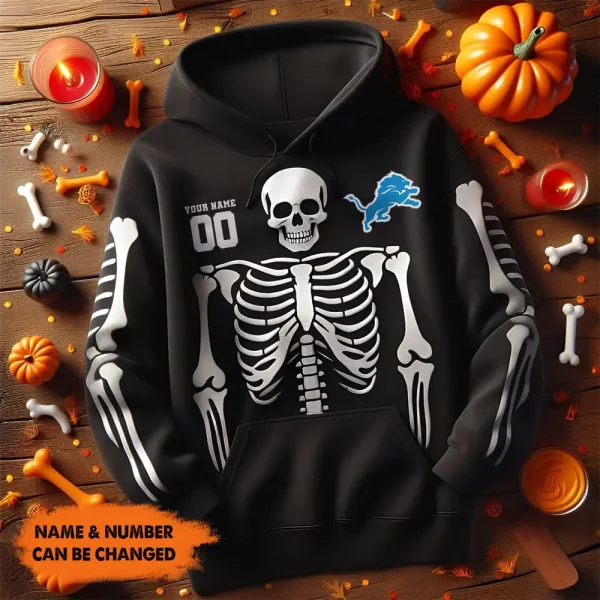 Detroit Lions American Football All Team Black Skeleton Hoodie Custom Name And Number Gifts AZHD1102