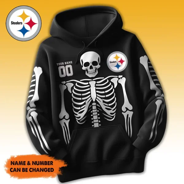 Pittsburgh Steelers American Football All Team Black Skeleton Hoodie Custom Name And Number Gifts AZHD1103 - Image 2