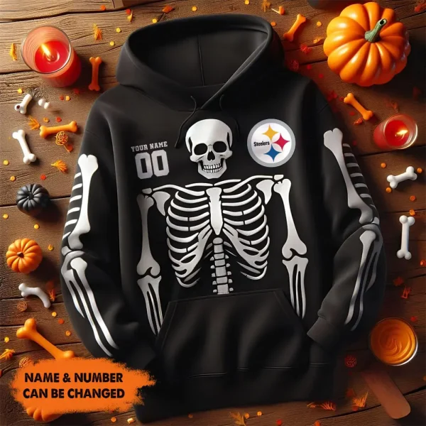 Pittsburgh Steelers American Football All Team Black Skeleton Hoodie Custom Name And Number Gifts AZHD1103