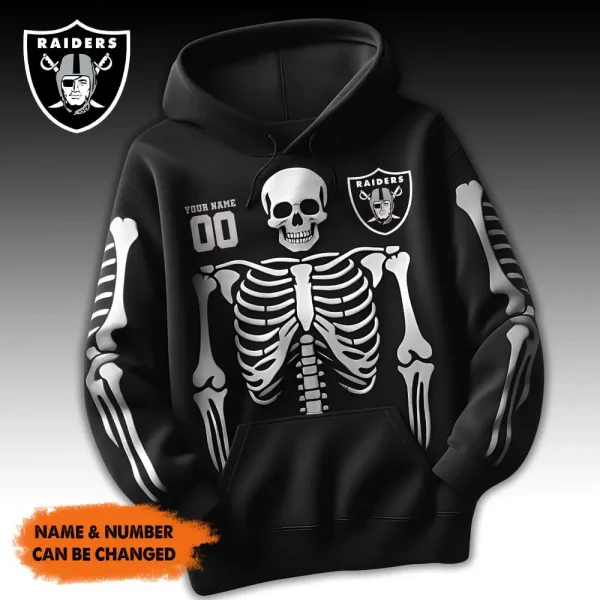 Las Vegas Raiders American Football All Team Black Skeleton Hoodie Custom Name And Number Gifts AZHD1104 - Image 2