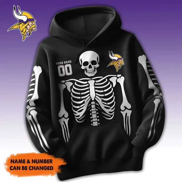 Minnesota Vikings American Football All Team Black Skeleton Hoodie Custom Name And Number Gifts AZHD1105 - Image 2