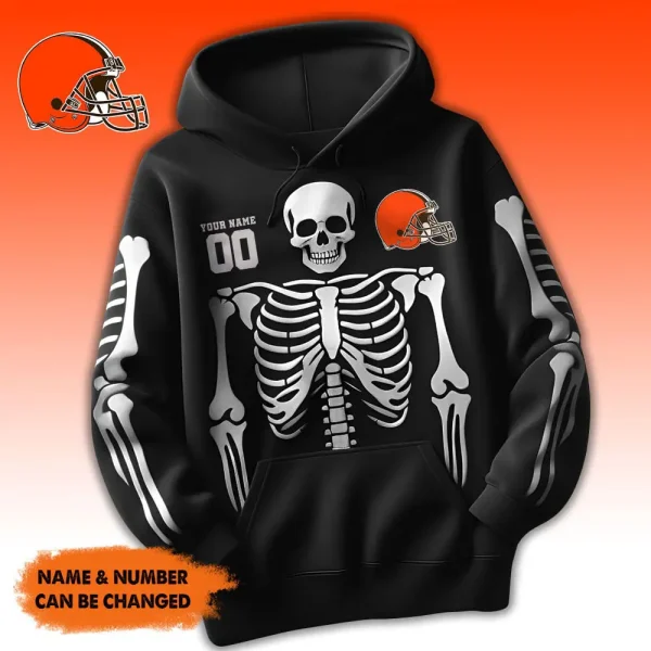 Cleveland Browns American Football All Team Black Skeleton Hoodie Custom Name And Number Gifts AZHD1106 - Image 2