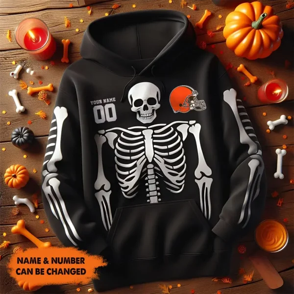 Cleveland Browns American Football All Team Black Skeleton Hoodie Custom Name And Number Gifts AZHD1106