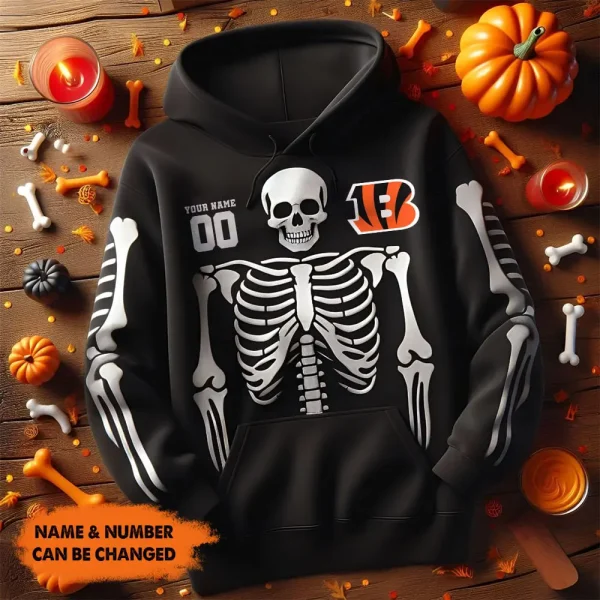 Cincinnati Bengals American Football All Team Black Skeleton Hoodie Custom Name And Number Gifts AZHD1107