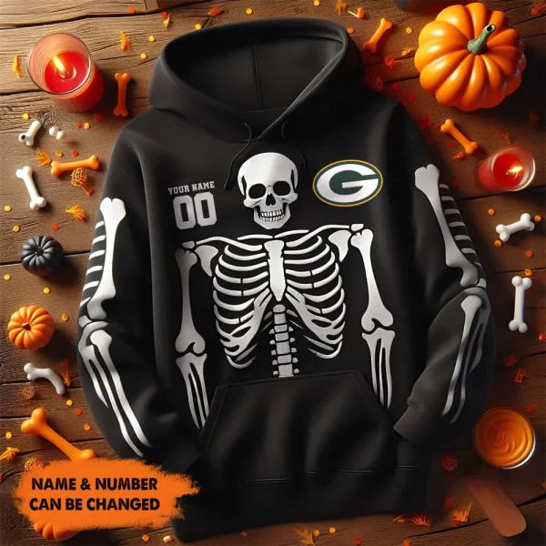 Green Bay Packers American Football All Team Black Skeleton Hoodie Custom Name And Number Gifts AZHD1108