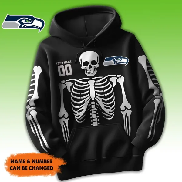 Seattle Seahawks American Football All Team Black Skeleton Hoodie Custom Name And Number Gifts AZHD1109 - Image 2