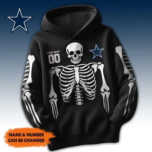 Dallas Cowboys American Football All Team Black Skeleton Hoodie Custom Name And Number Gifts AZHD1110 - Image 2