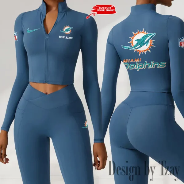 Miami Dolphins Zipper Sports Top Women Gym Long Sleeve for Fitness SPTZSTW121 - Image 2