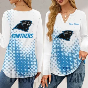 Carolina Panthers Long Sleeve Shirts For Women V-Neck Dressy Casual SPTLSSFWVN037