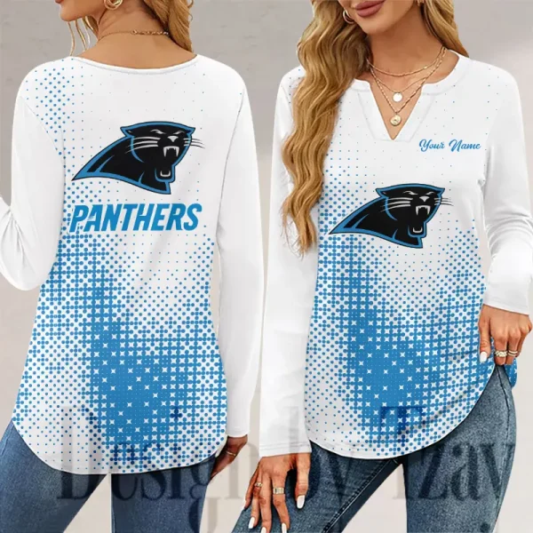 Carolina Panthers Long Sleeve Shirts For Women V-Neck Dressy Casual SPTLSSFWVN037