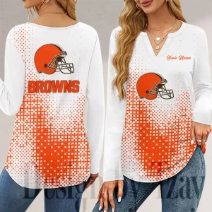Cleveland Browns Long Sleeve Shirts For Women V-Neck Dressy Casual SPTLSSFWVN040