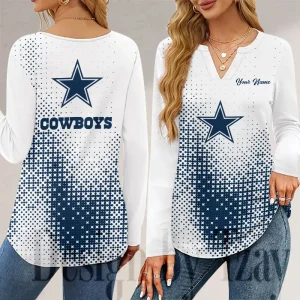 Dallas Cowboys Long Sleeve Shirts For Women V-Neck Dressy Casual SPTLSSFWVN041