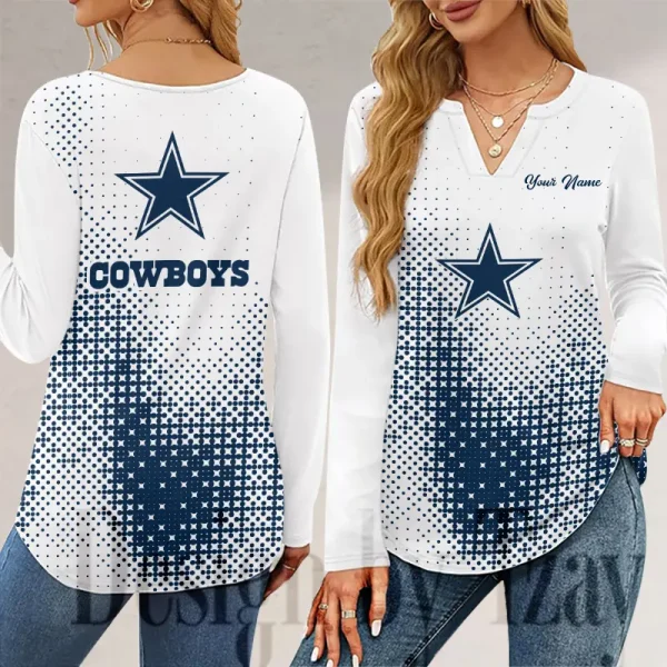 Dallas Cowboys Long Sleeve Shirts For Women V-Neck Dressy Casual SPTLSSFWVN041