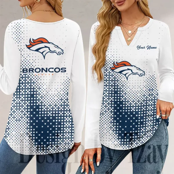 Denver Broncos Long Sleeve Shirts For Women V-Neck Dressy Casual SPTLSSFWVN042
