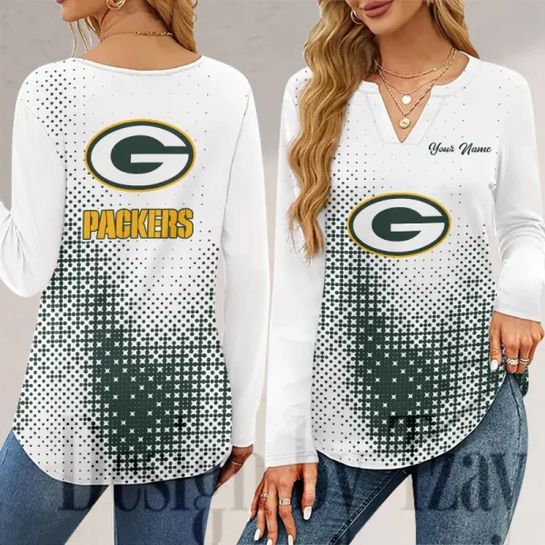 Green Bay Packers Long Sleeve Shirts For Women V-Neck Dressy Casual SPTLSSFWVN044