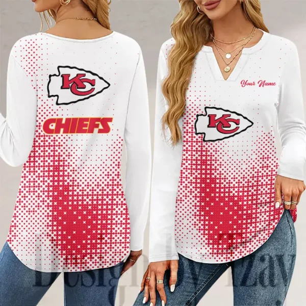 Kansas City Chiefs Long Sleeve Shirts For Women V-Neck Dressy Casual SPTLSSFWVN048