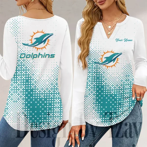 Miami Dolphins Long Sleeve Shirts For Women V-Neck Dressy Casual SPTLSSFWVN052