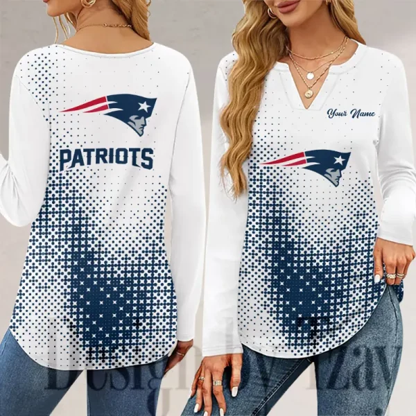 New England Patriots Long Sleeve Shirts For Women V-Neck Dressy Casual SPTLSSFWVN054