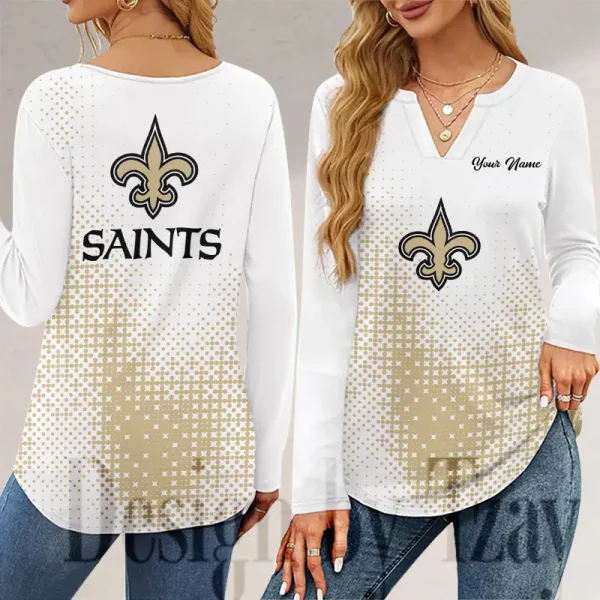 New Orleans Saints Long Sleeve Shirts For Women V-Neck Dressy Casual SPTLSSFWVN055