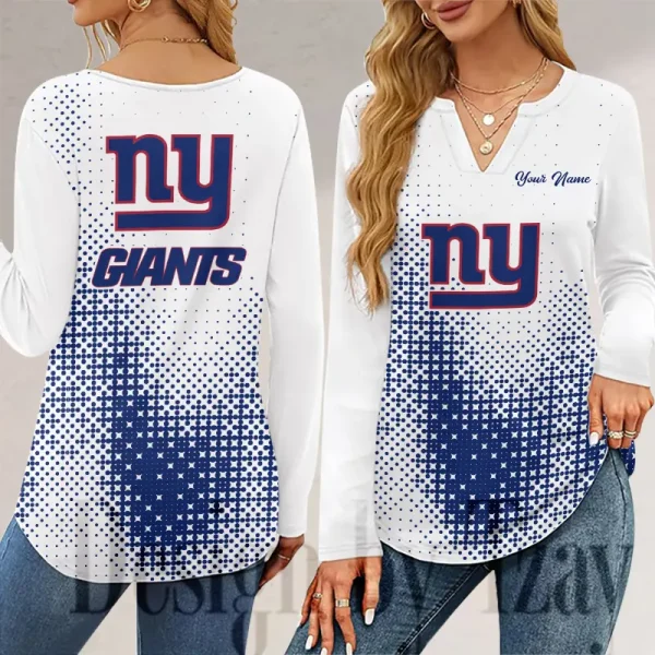 New York Giants Long Sleeve Shirts For Women V-Neck Dressy Casual SPTLSSFWVN056