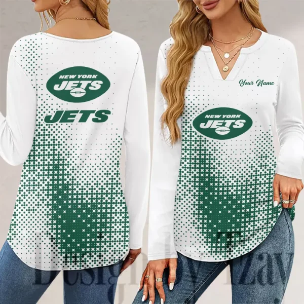 New York Jets Long Sleeve Shirts For Women V-Neck Dressy Casual SPTLSSFWVN057